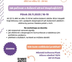 Až pětina dospívajících ve věku 13–18 let zažívá duševní obtíže. Tento workshop vás provede tím, jak rozpoznat varovné signály, otevřeně a citlivě o nich s dospívajícími mluvit. Získáte také přehled o odborných službách, na které se lze v případě potřeby obrátit. Pořádá organizace Nevypusť duši. Registrace ZDE, vstup zdarma. / sál 