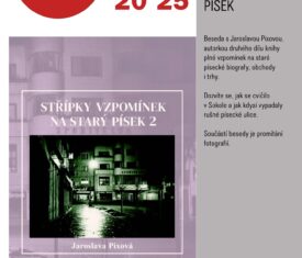 Beseda s Jaroslavou Pixovou, autorkou druhého dílu knihy plné vzpomínek na staré písecké biografy, obchody i trhy. Dozvíte se, jak se cvičilo v Sokole a jak kdysi vypadaly rušné písecké ulice. Součástí besedy je promítání fotografií. / sál 