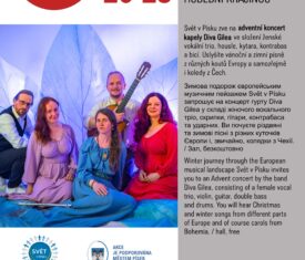 Svět v Písku zve na adventní koncert kapely Diva Gilea ve složení ženské vokální trio, housle, kytara, kontrabas a bicí. Uslyšíte vánoční a zimní písně z různých koutů Evropy a samozřejmě i koledy z Čech. / sál, zdarma Svět v Písku zve na adventní koncert kapely Diva Gilea ve složení ženské vokální trio, housle, kytara, kontrabas a bicí. Uslyšíte vánoční a zimní písně z různých koutů Evropy a samozřejmě i koledy z Čech. / sál, zdarma